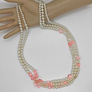 Vintage Multi Strand Asymmetrical Faux Pearl & Lucite Beaded Necklace